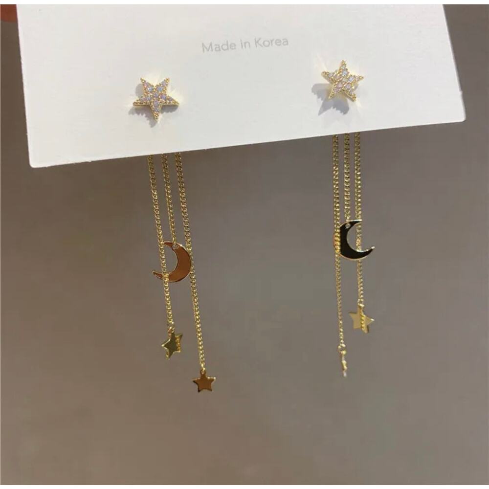 925 silver needle stars moon long tassel earrings